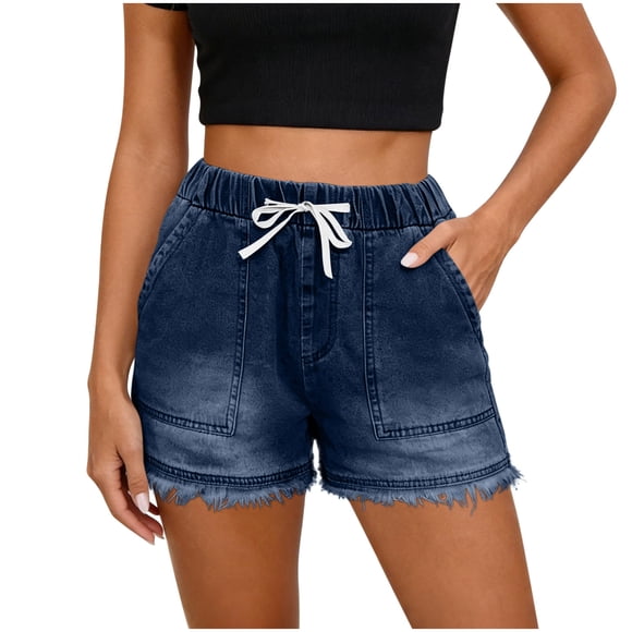 Iyufng Women's Jean Shorts Elastic Waist Drawstring Casual Stretch Summer Denim Shorts with Pockets
