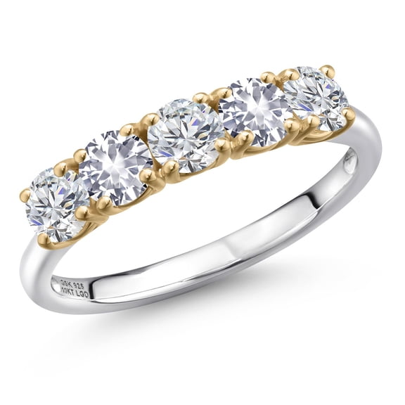 Gem Stone King 925 Silver and 10K Yellow Gold Lab Grown Diamond and White Created Sapphire Wedding-Bands Ring for Women | 1.31 Cttw | Round 4MM | Gemstone April Birthstone | Size 8