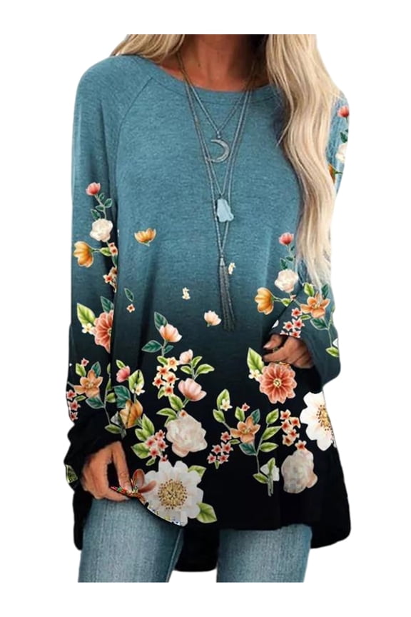 Womens Long Sleeve Casual Shirts Curve Hem Floral Print Tee Shirt Loose Long Tops Autumn Fall Blouses Tops