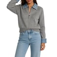 thumbnail image 2 of Women'S Denim Spliced Collar Zip‑Up Knit Cardigan Top Gray One size, 2 of 7
