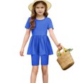 thumbnail image 6 of ZACPNCV Girls Summer Outfits Short Sleeve Ruffle Hem Top and Biker Shorts Set Girl Clothes Blue 5-6 Years, 6 of 9
