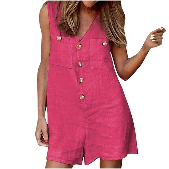 Womens Rompers for Summer Sleeveless Button Down Cotton Linen Shorts Jumpsuits Loose Fit Lightweight Wide Leg Overalls