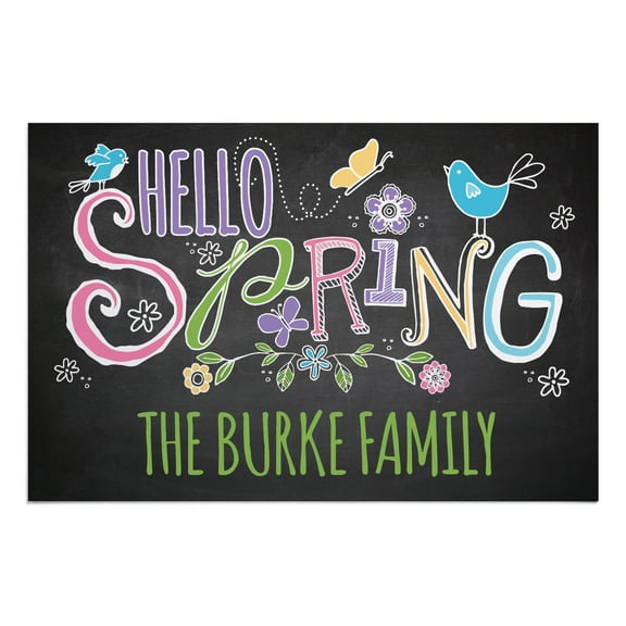 Personalized Planet 27x18 Hello Spring Doormat with Custom Family Name Printed on Black Rectangular 1/8” Thick Non Slip Mat with Bird and Flower Design for Kitchen Hallway Deck or Porch