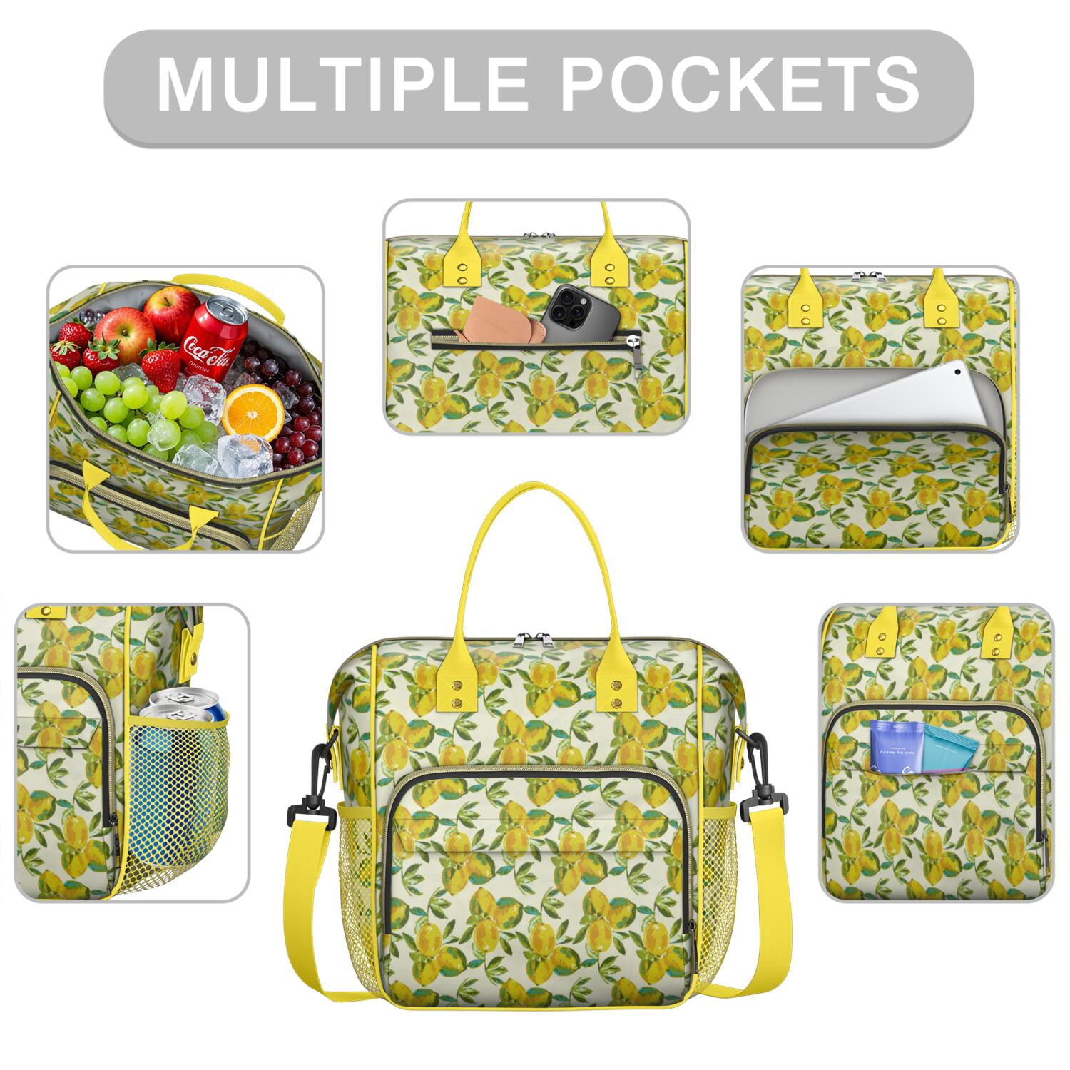 Cute Lemon Pattern Insulated Lunch Bag - Leakproof & Waterproof Food Storage Tote with Shoulder Strap for Work, School, Travel