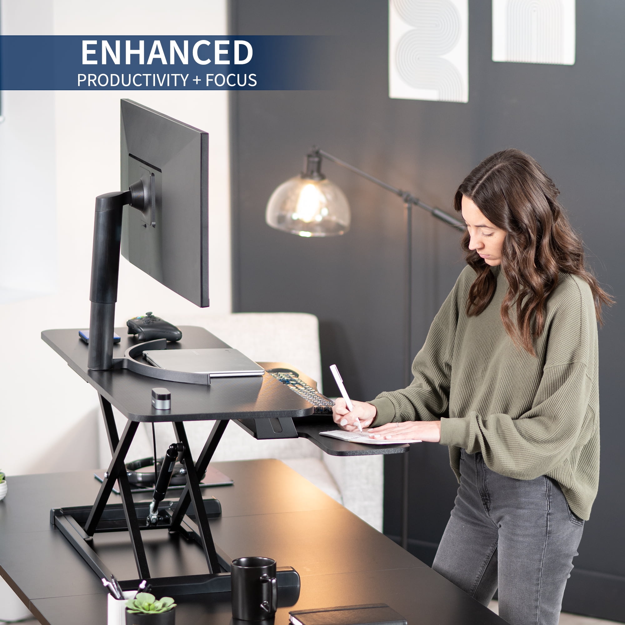 VIVO Black Carbon Fiber Height Adjustable 42" Standing Desk Monitor Riser