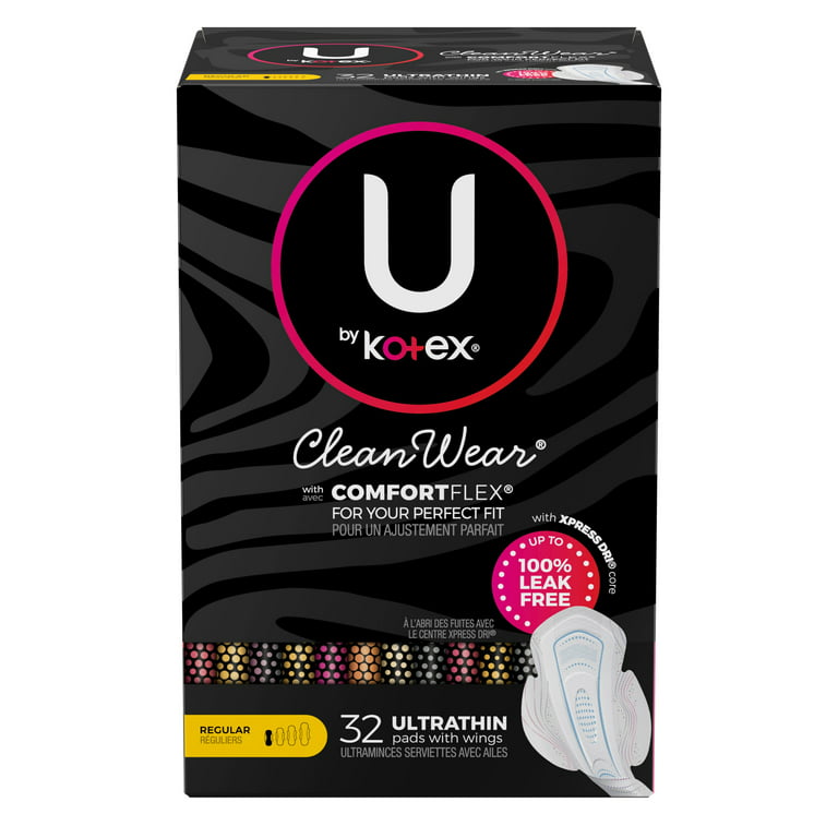 U by Kotex CleanWear Ultra Thin Feminine Pads with Wings, Regular,  Unscented, 36 Count (Pack of 3)