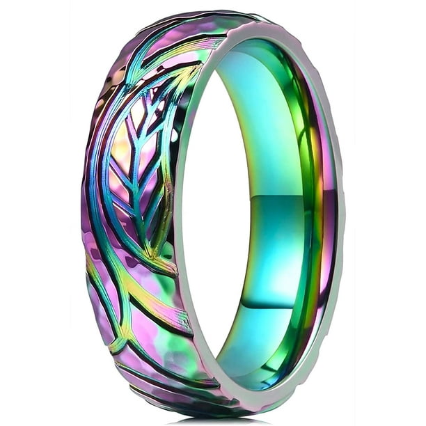 THREE KEYS JEWELRY 6mm Rainbow Leaf / Stone Titanium Wedding Ring Domed  Polished Colorful Engagement Band 