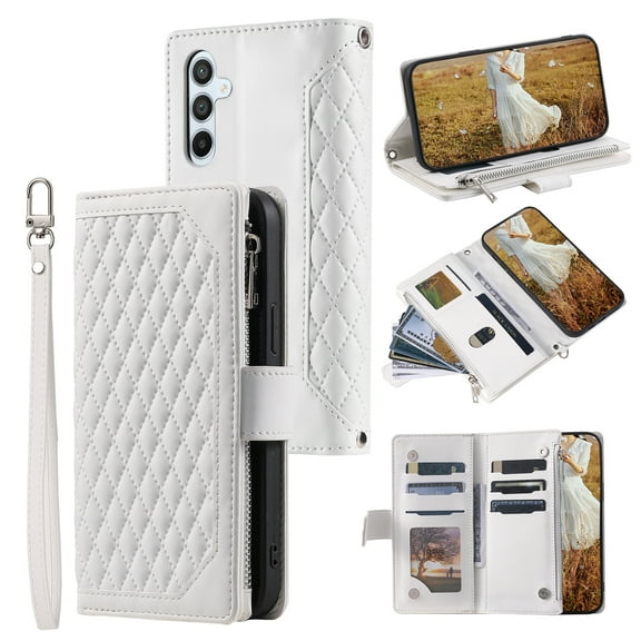 Dteck Wallet Case for Samsung Galaxy S24 Plus, with Card Slot & Kickstand, Shockproof PU Leather Magnetic Full Protective Flip Phone Cover with Strap, White