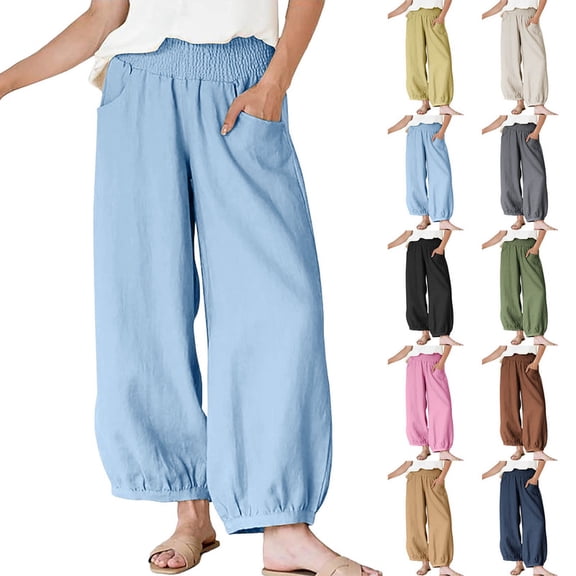 Smsaxvxz Women's Summer Wide Leg Pants Fashion Casual Solid Elastic Waist Trousers with Pockets Light Blue M