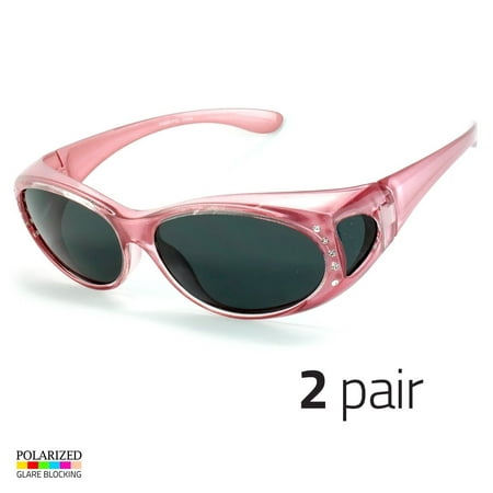 2 PAIR POLARIZED Rhinestone cover put over Sunglasses wear Rx glass driving Pink