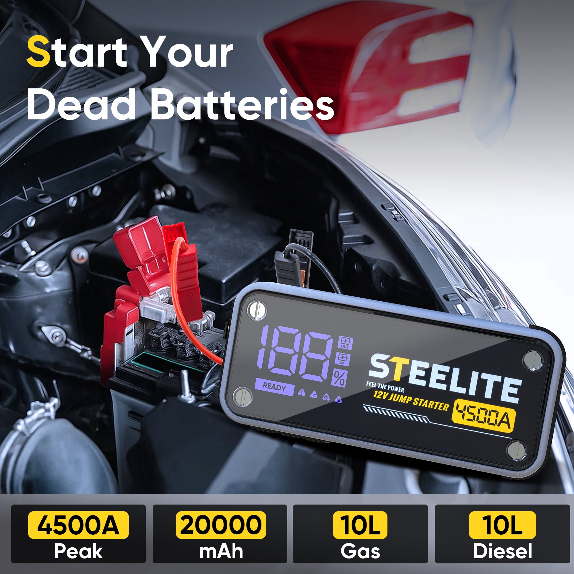 Steelite 4500A Car Jump Starter,  20000mAh Car Battery Jump Starter (10L Gas/10L Diesel), 12V Jump Box,Portable Jump Starter Power Bank with USB Quick Charge and Type C Port