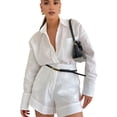 thumbnail image 2 of sunsanly 2 Pcs/Set Women Shirt Shorts Set Solid Color Long Sleeves Turn-down Collar Chest Pocket Blouse High Waist Loose Above Knee Length Pants Set Casual Commute Outfit, 2 of 8