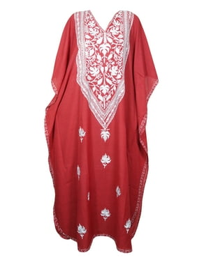 Mogul Women Kaftan Maxi Dress Beach Bohemian Lounger Caftan Red Floral Hand Embellished Dresses 4XL