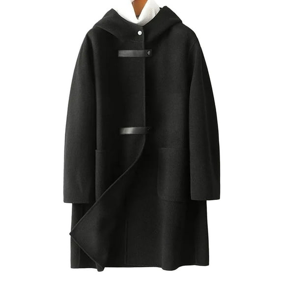 comerut Women Autumn Winter Mid-length Woolen Coat Hooded Long Sleeve Pockets Single Breasted Thick Overcoat Warm Jacket Streetwear