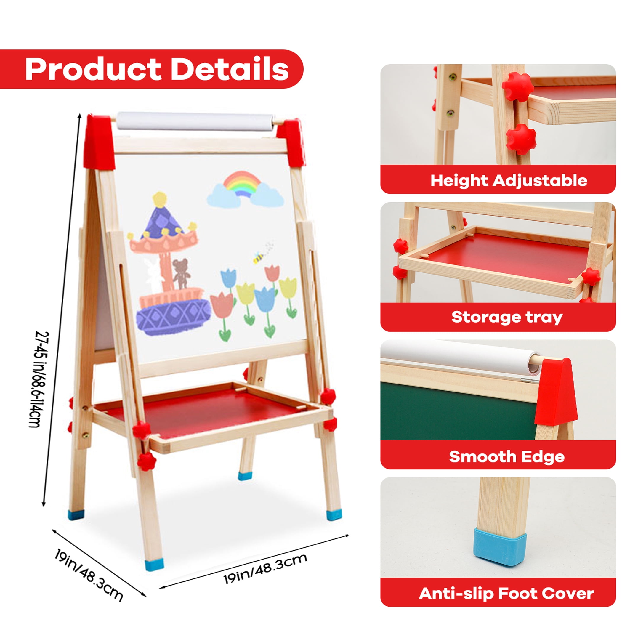 Ealing Kids Easel with Paper Roll,Double-Sided Adjustable Wooden Standing Easel for Toddler Ages 3+Boys, Girls