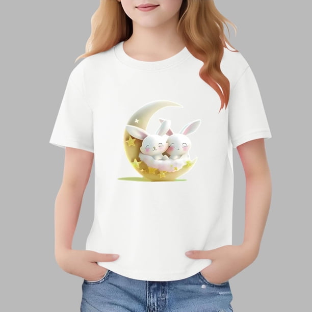 Blusas y camisas de manga corta con cuello redondo para niños Camiseta de verano de manga corta estampada para niñas Jersey elegante de cuello redondo para niñas Top de algodón para niños