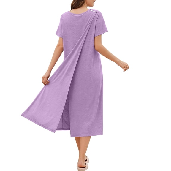 FAHXNVB Open Back Hospital Gowns for Women Post Shoulder Surgery Sleepe Dress Long Length Adaptive Nightgown with Snaps for Elderly
