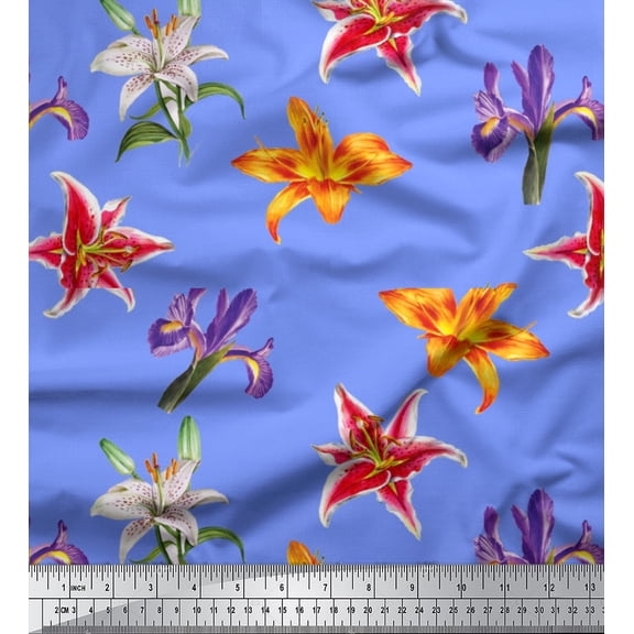 Soimoi Blue Cotton Duck Fabric Colorful Lilies Floral Print Fabric by the Yard 42 Inch Wide