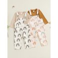 thumbnail image 3 of Pudcoco 2-Piece Little Girls Set Ribbed Long Sleeve Tops Rainbow Print Overall Pants Outfits, 3 of 9