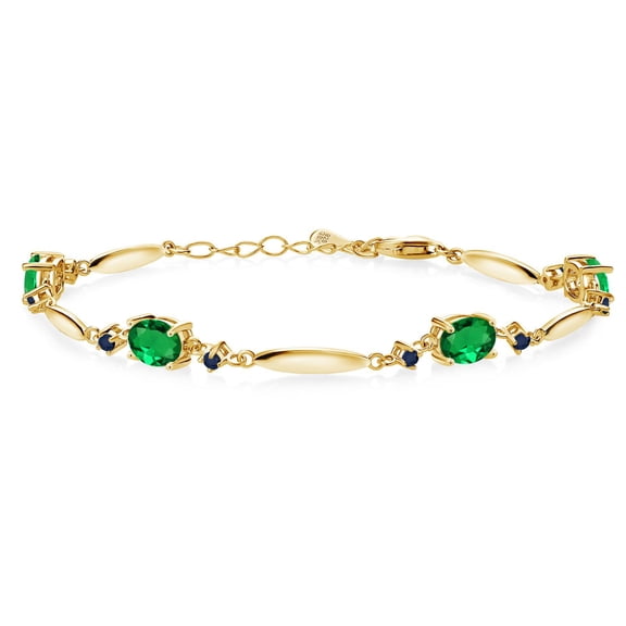 Gem Stone King 18K Yellow Gold Plated Silver Green Nano Emerald and Blue Sapphire Tennis Bracelet for Women | 2.75 Cttw | Gemstone May Birthstone | Oval 7X5MM | 6 inch   1 inch Extender