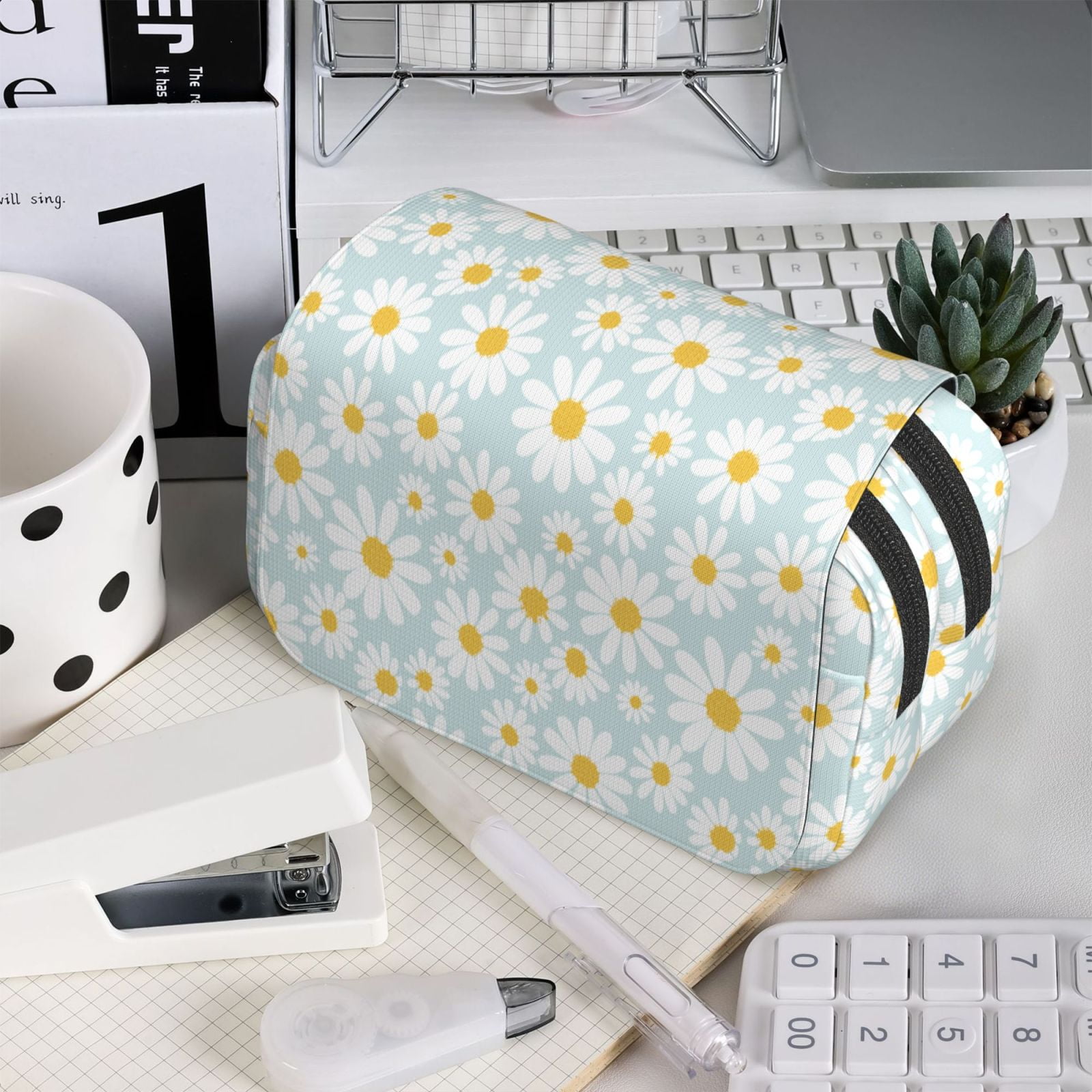 Rateoe Daisies Flowers Pattern Double Clamshell Pen Case, Storage Organizer with Two Zipper Compartments– Holds Up to 50 Pencils & Pens