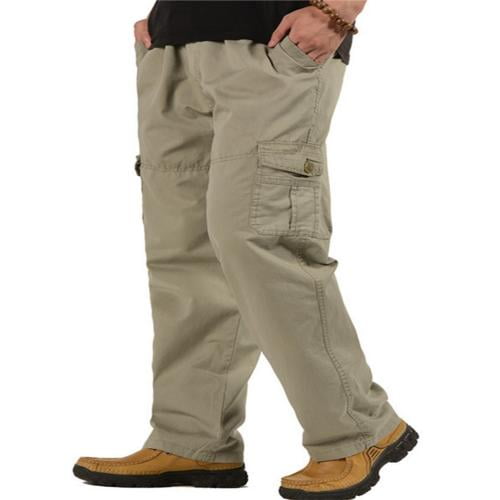 Opperiaya Men?s Loose Cargo Pants Elastic Waist Solid Color Work Pants 