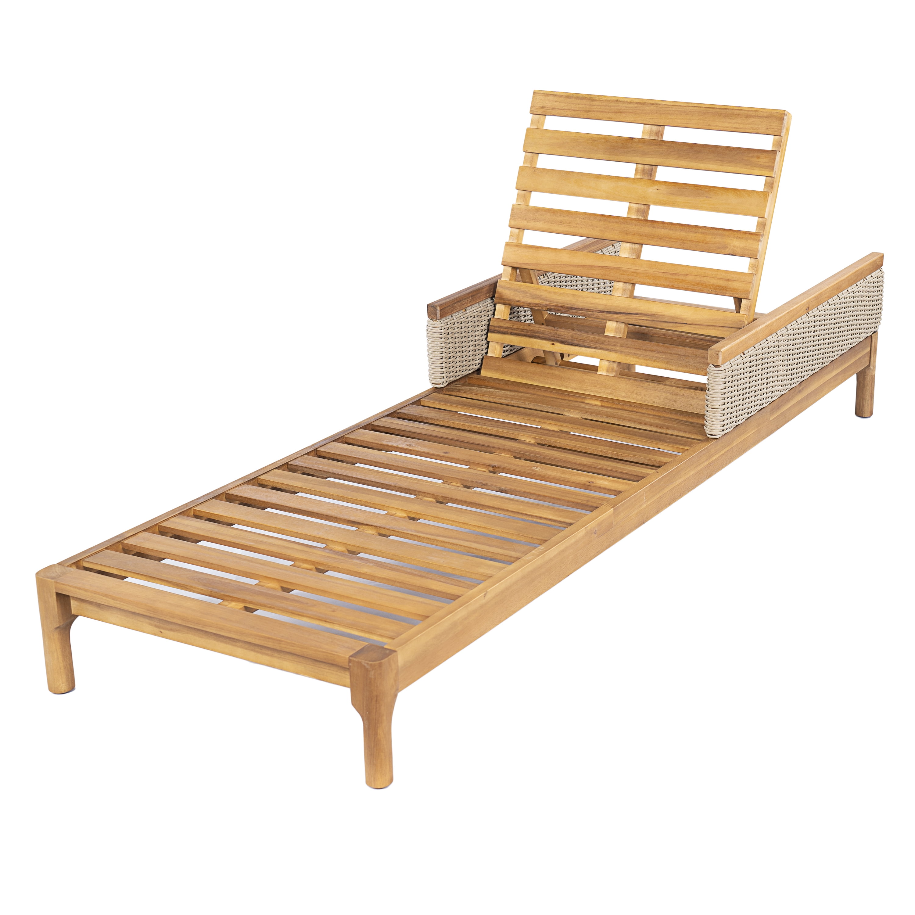 Euroco 76.7" Outdoor Chaise Lounge Chair, Acacia Wood Patio Chaise Lounge Recliner with 4-Position Adjustable Backrest,Thick Cushions & Wicker for Poolside Backyard Deck Porch,Beige