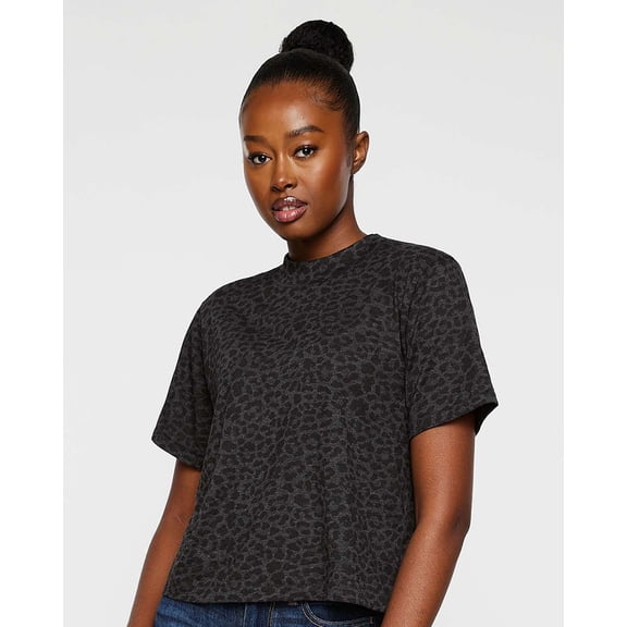 LAT B06838504 Women Boxy T-Shirt, Black Leopard - Medium