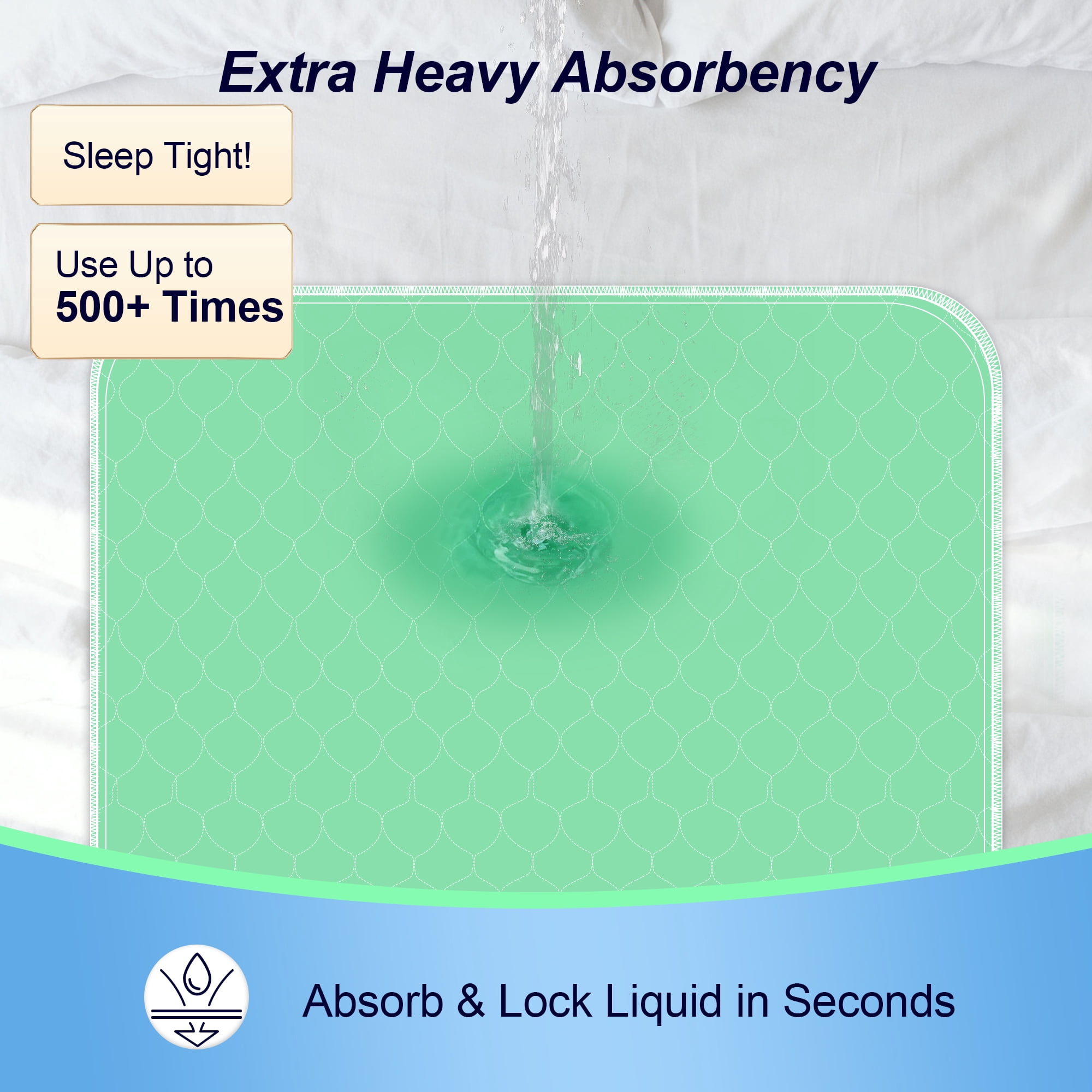 BOKYAN Washable Bed Pads 2 Pack 34"x 52", Reusable Incontinence Underpads with Extra Absorbency for Diaper Changing, Pee Pads, Puppy Pads, Waterproof Floor Protector, Green and Blue