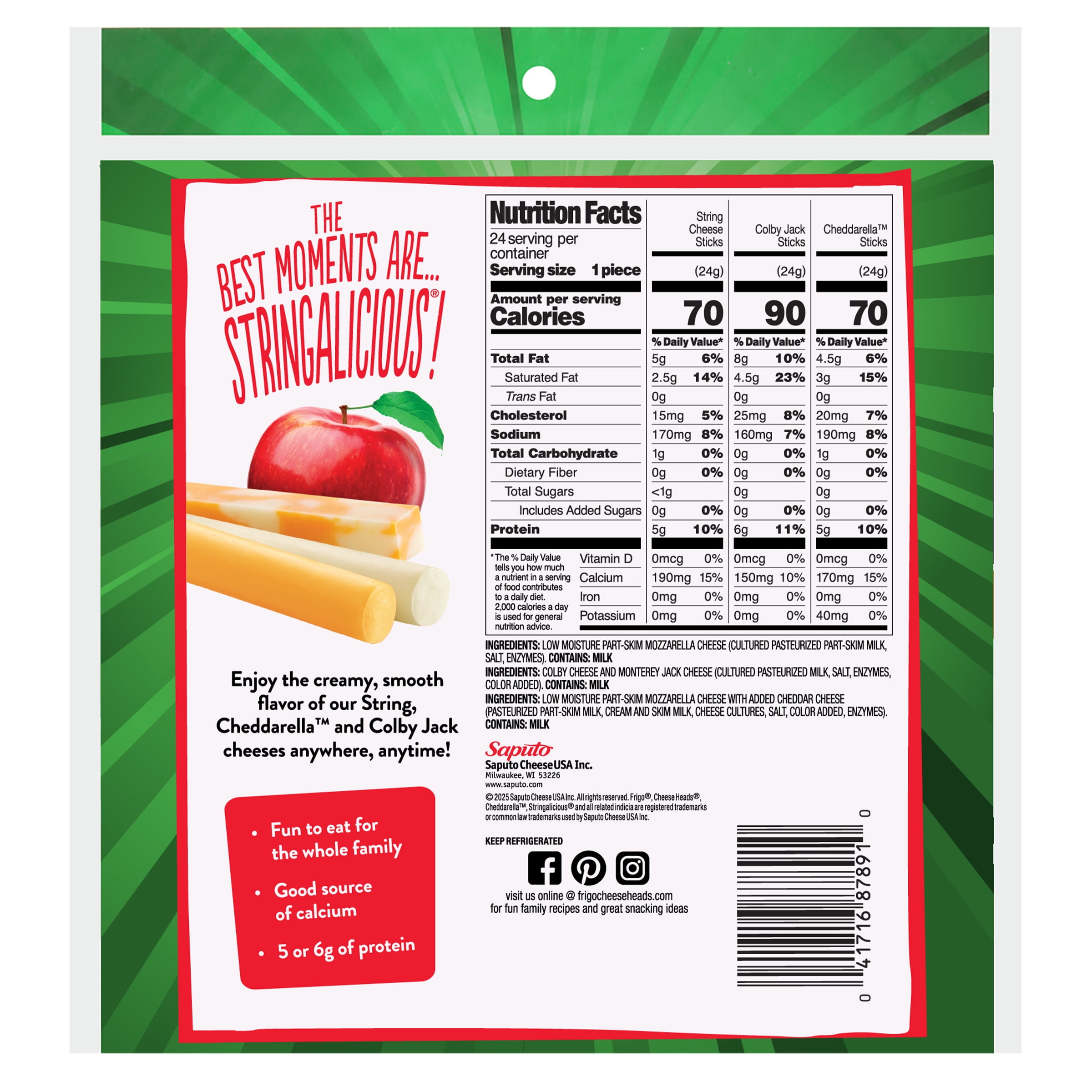 Frigo® Cheese Heads® Variety Assortment of Original String Cheese, Cheddarella™ and Colby Jack, 20 oz, 24 Count