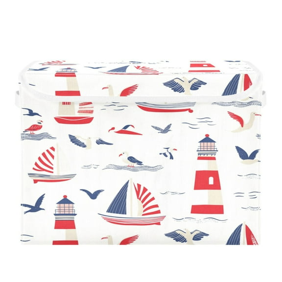 WOBOGO Nautical-themed Seamless Pattern with Boats Large Collapsible Storage Box Flip Lid Fabric Decorative Organizer Container Basket with Handles 16.5×12.6×11.8in