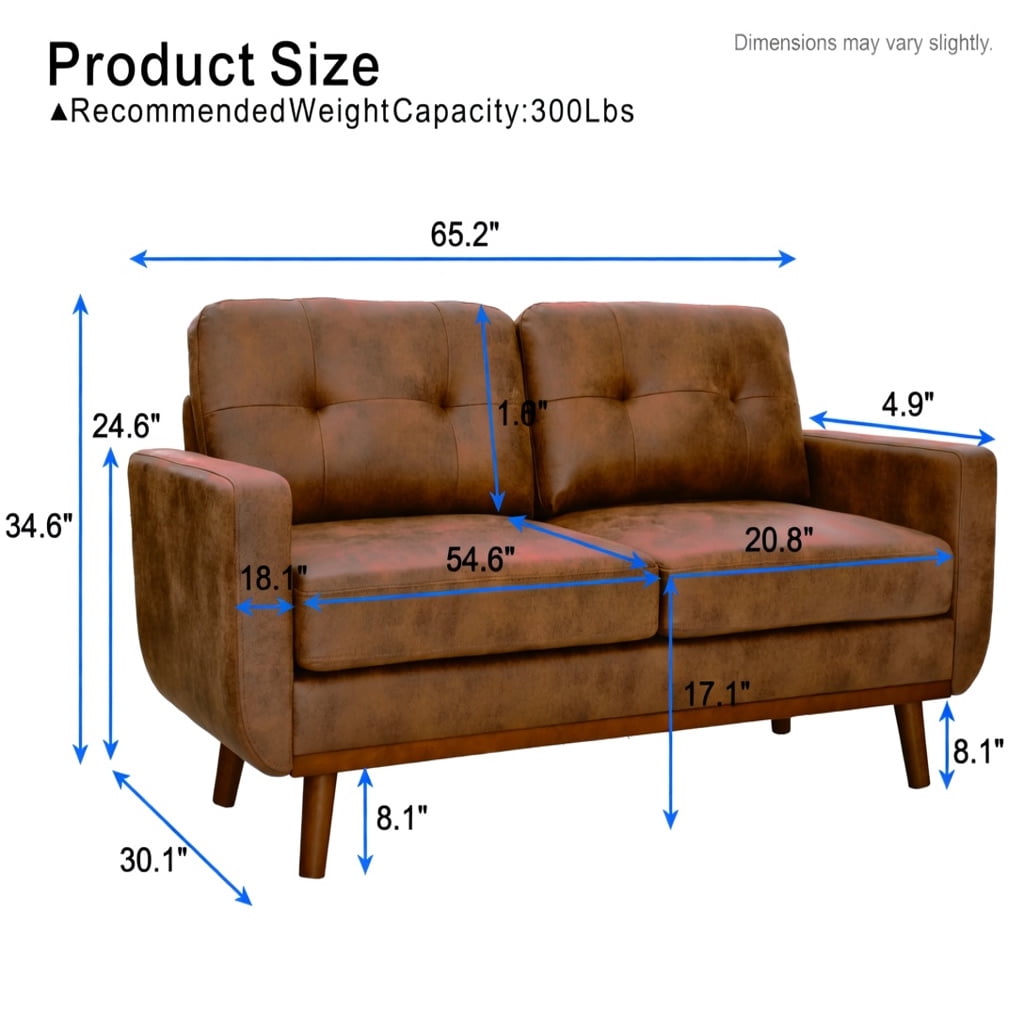 Hommoo 65" Mid-Century Modern Two-Seater Sofa, Breathable Polyester Fabric, Solid Wood Legs, Easy Assembly, Diamond-Quilted Back Support, Light Brown