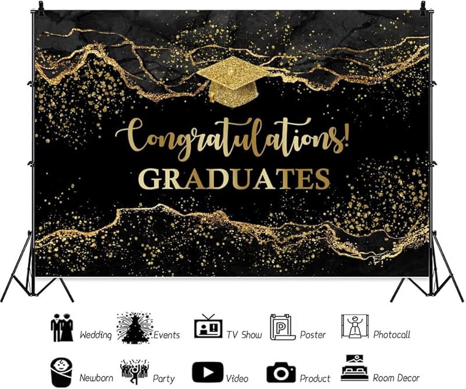 Congrats Grad Backdrop Graduation Class of 2025 Graduate Party Background Black Gold Champagne Graduation Prom Decorations Background Birthday Party Cake Table Banner Photo Booth
