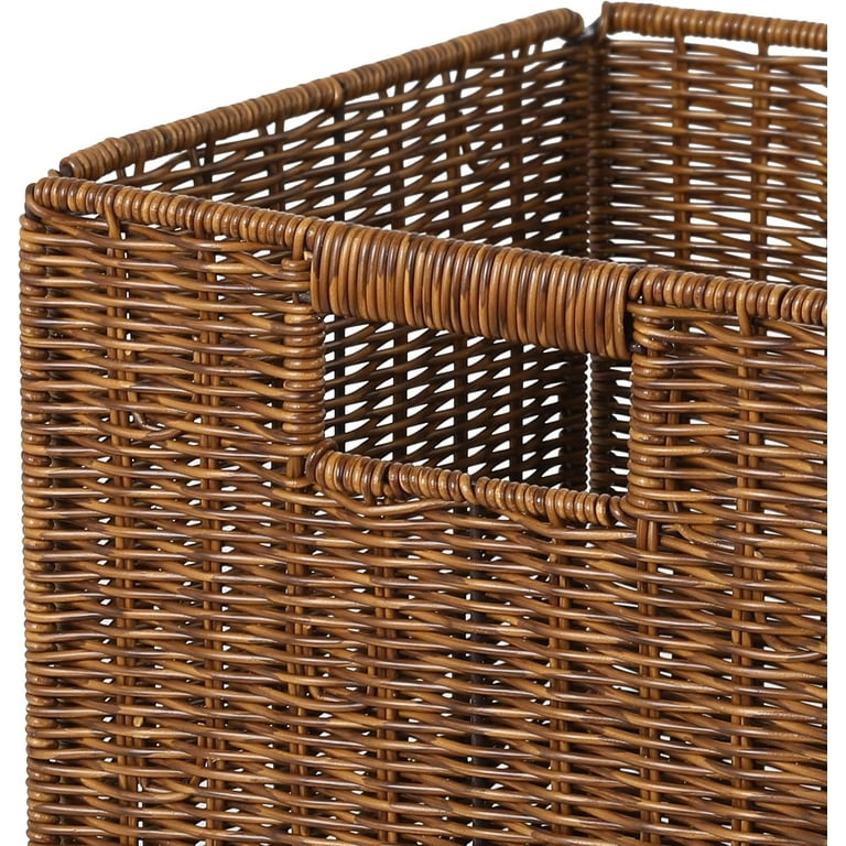 11X11X11in Brown Plastic Wicker Storage Basket, Foldable Cube