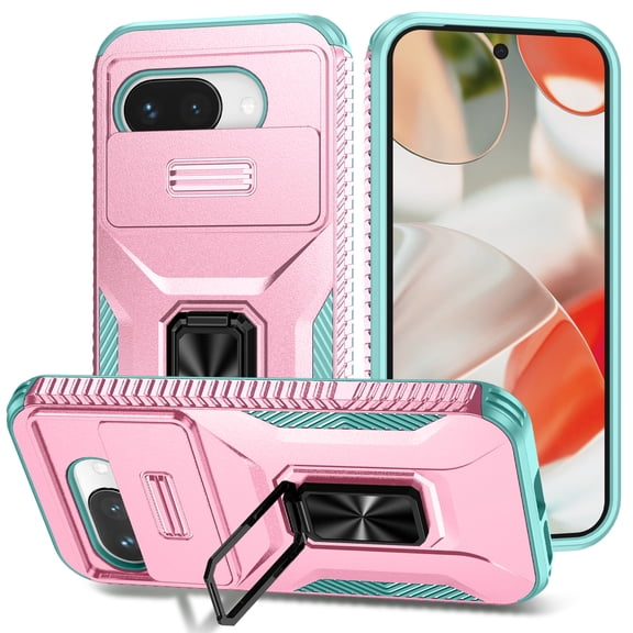 ELEHOLD for Google Pixel 10A Case with Slide Cover Protector , Metal Ring Kickstand Shockproof Support Magnetic Car Mount Rugged Cover , Rosegold