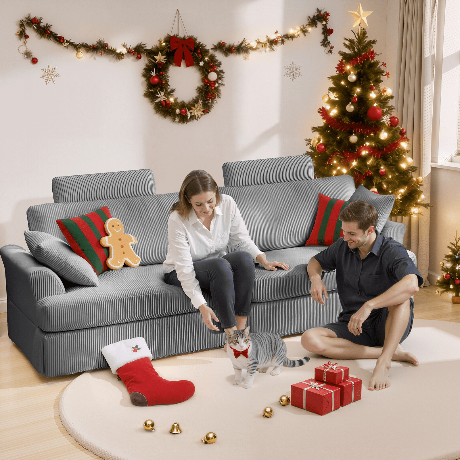 Sofa, Comfy Couch Sofa with Deep Seat and Thick Cushion, Upholstered Linen Fabric Couch for Living Room Bedroom Office with 2 Pillows, Gray