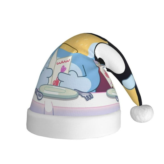 Gokiu Bluey Santa Hat Christmas Hats for Adults Holiday Unisex Plush Beanie for Xmas New Year Party Headwear