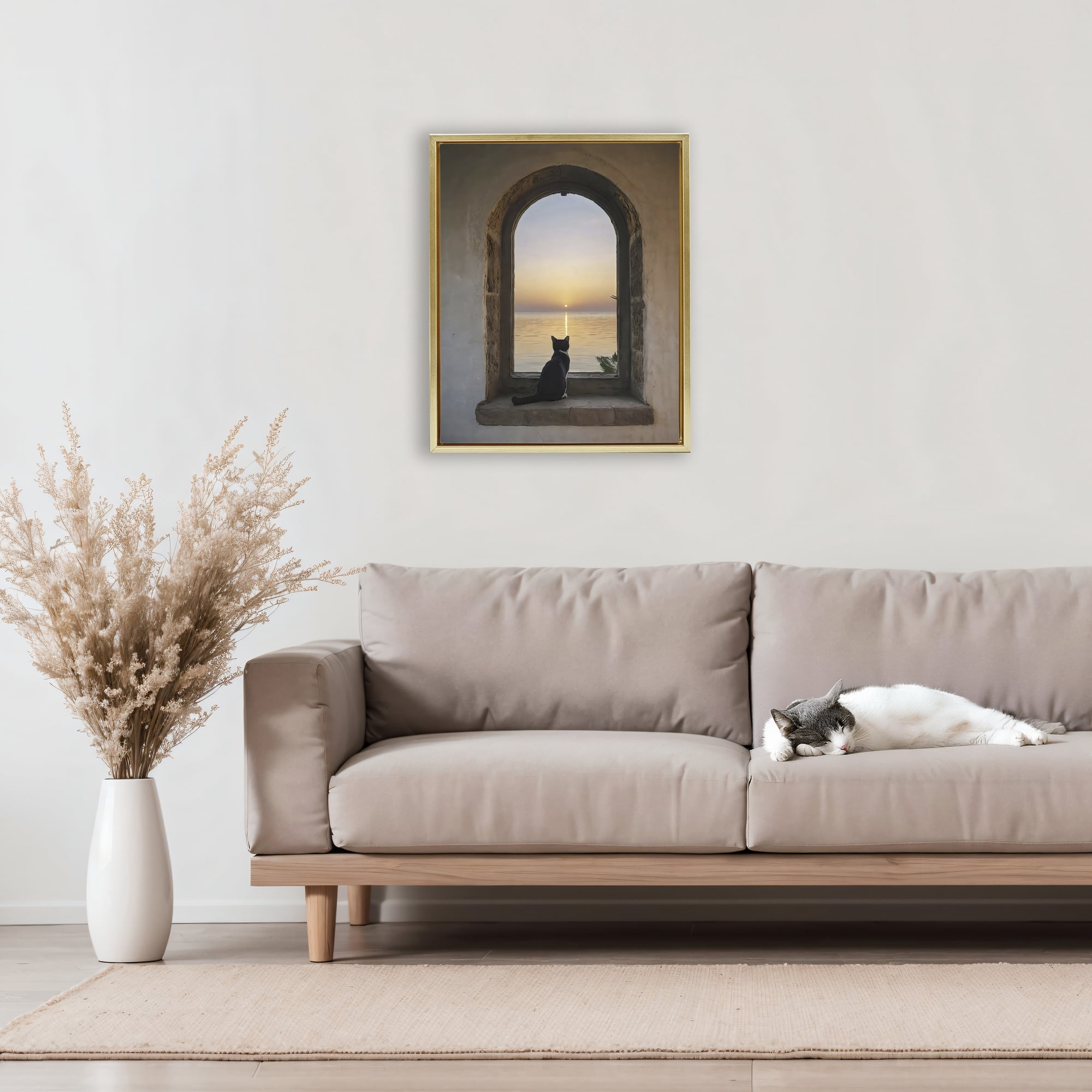 Stupell Industries Cat Overlooking Water at Sunset Gold Framed Floater Canvas Wall Art, design by Creative Studio