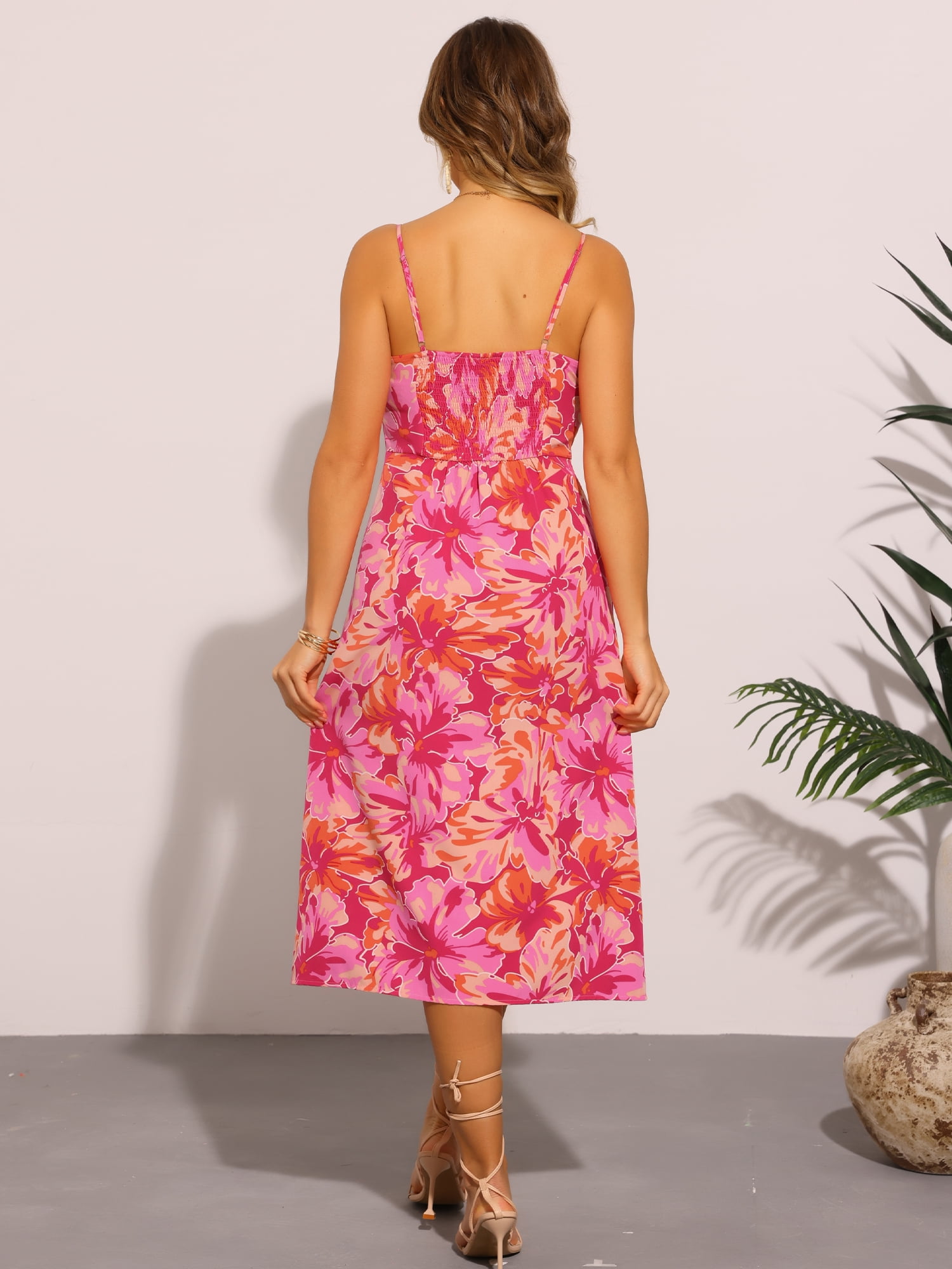 DARING DIVA Floral Midi Spaghetti Straps Square Neck Dress XL Hot Pink
