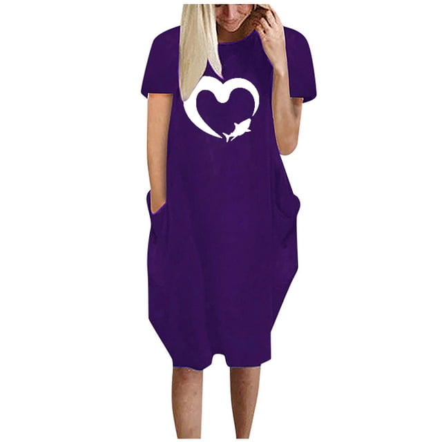 Robes d'Été pour Femmes Manches Courtes Décontractées T-Shirts Robe Imprimée Col Rond Confortable Longueur Genou avec Poches