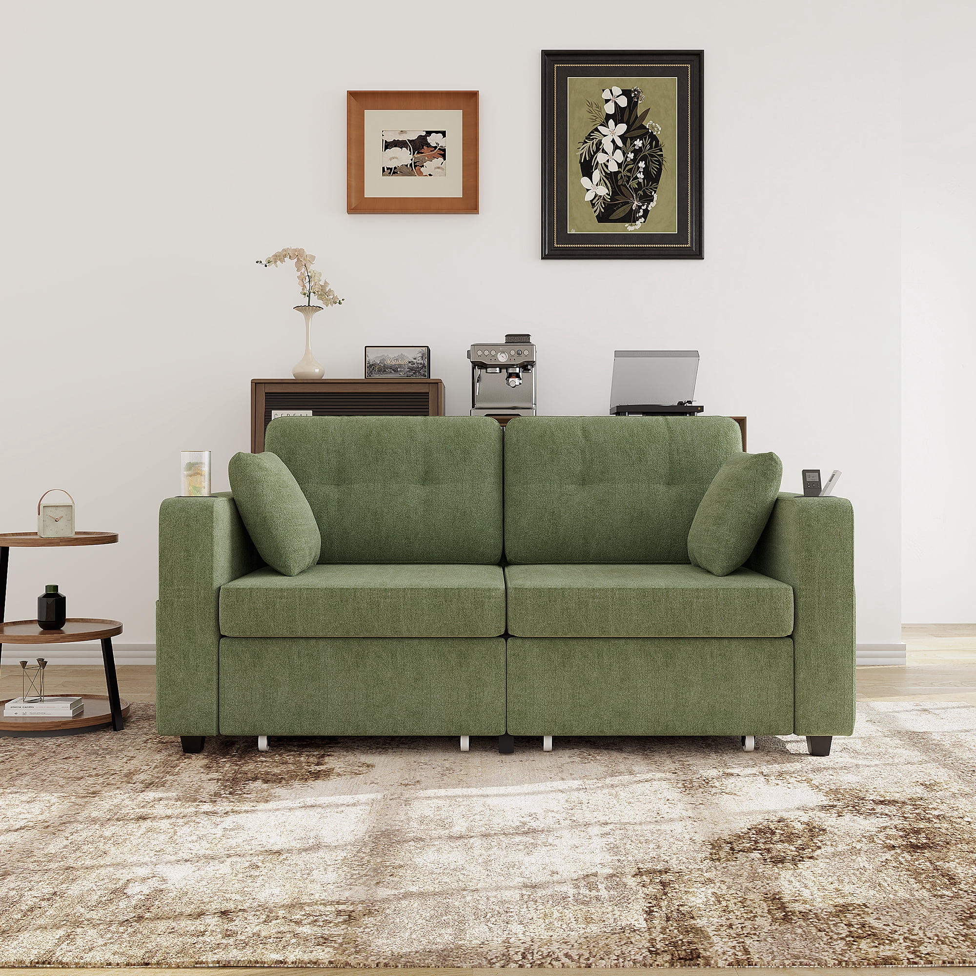 68" Chenille Two Seater Couch, Living Room Loveseat with Usb Charging, Upholstered Loveseat with Storage for Living Room, Olive