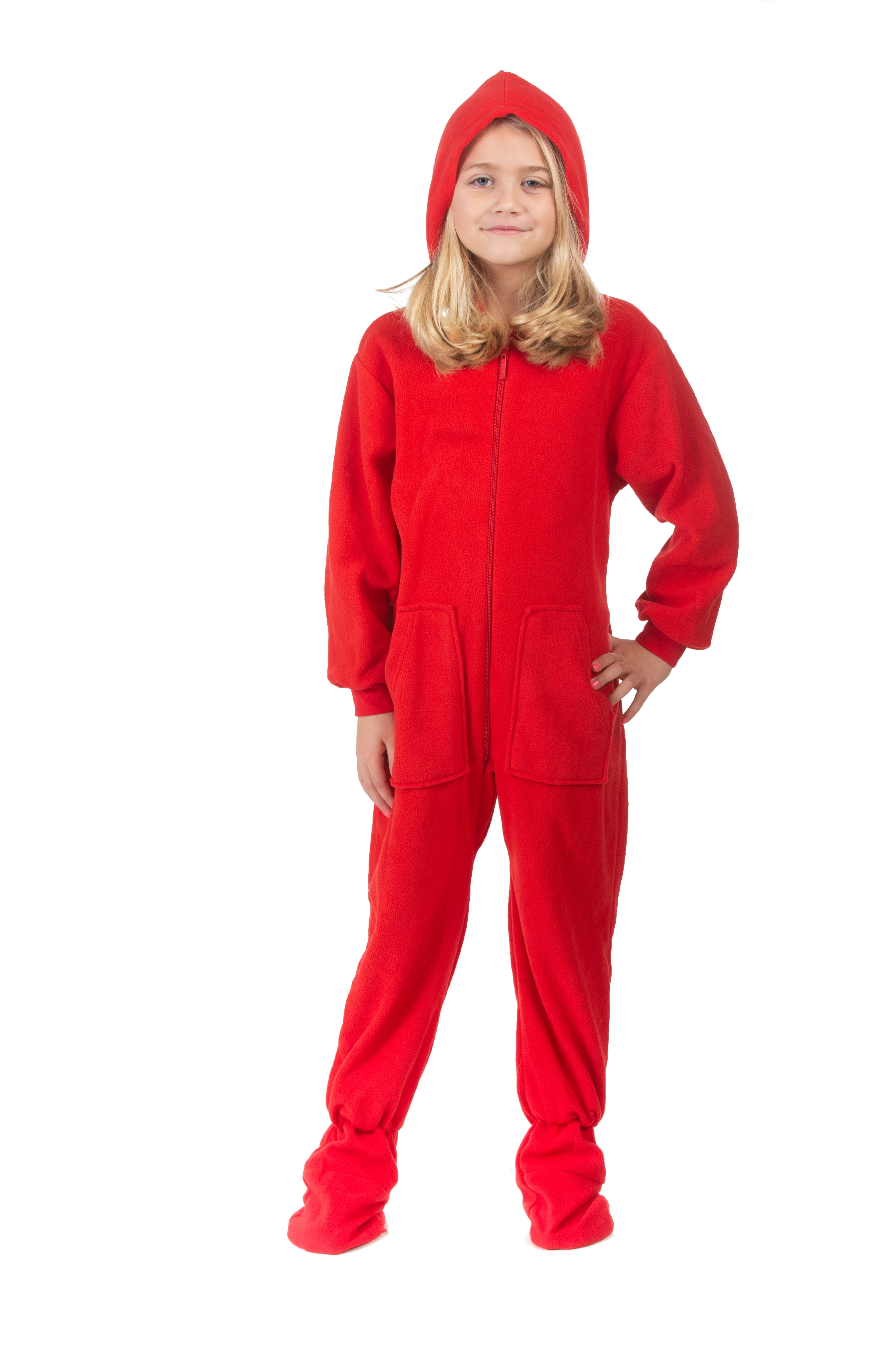 Big Feet Pjs Kids Red Fleece Hoodie Footed Onesie Pajamas for Boys & Girls Size 8