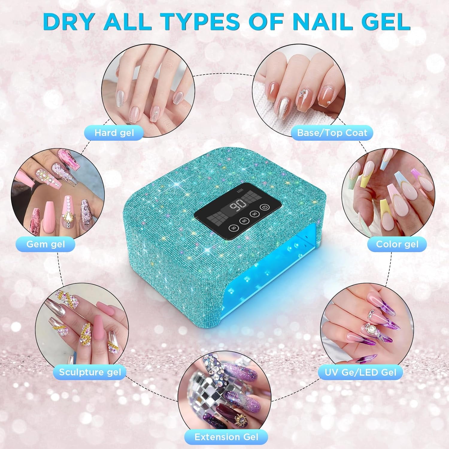 Cordless UV Nail Lamp, 120W Rechargeable UV Light for Gel Nails, LED Nail Light with 4 Timer Modes, Nail Dryer Fully Decorate with Sparkling Nail Rhinestones Diamond