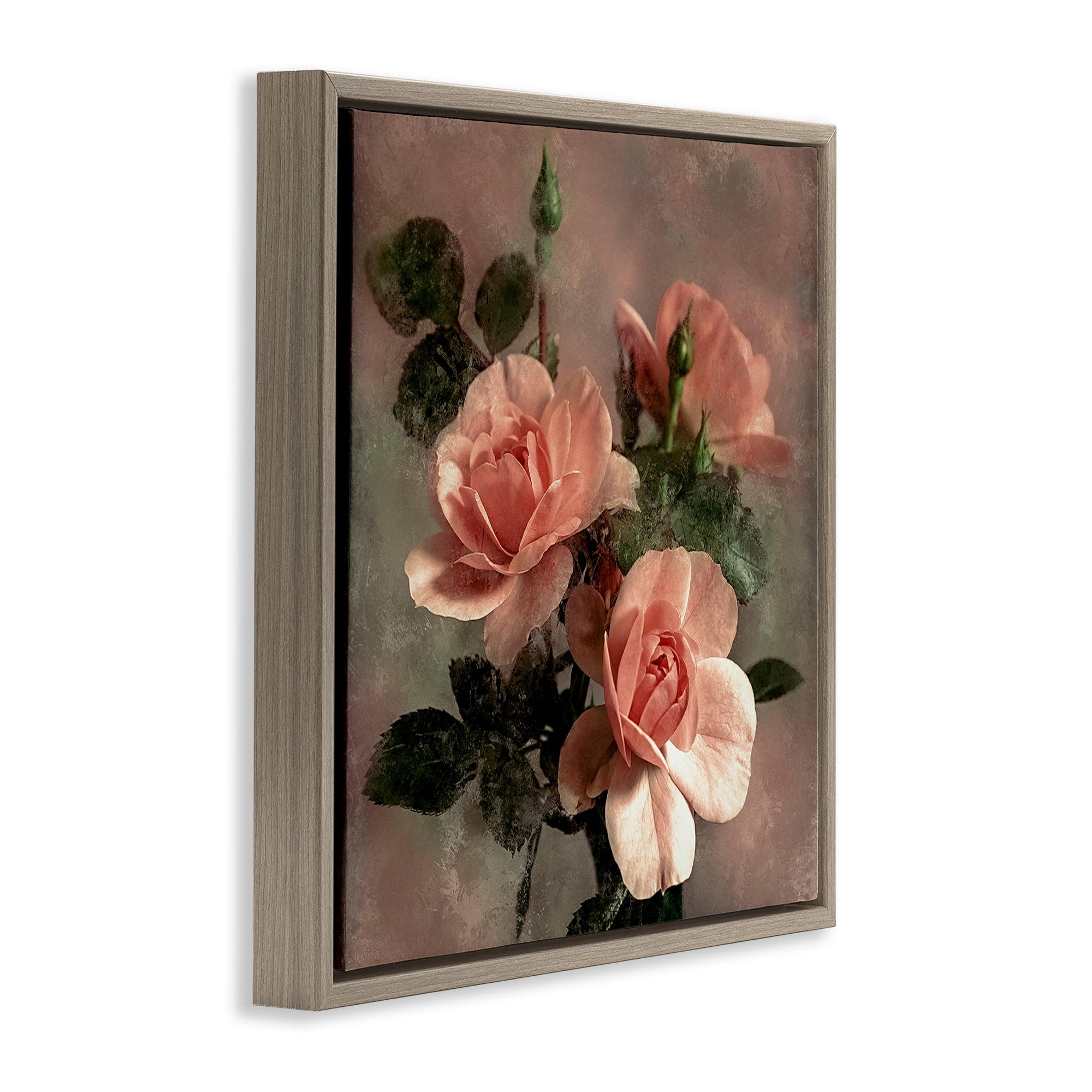Stupell Industries Vintage Blush Petals Plants & Flowers Painting Brown Floater Framed Canvas Art Print Wall Art, 25 x 25
