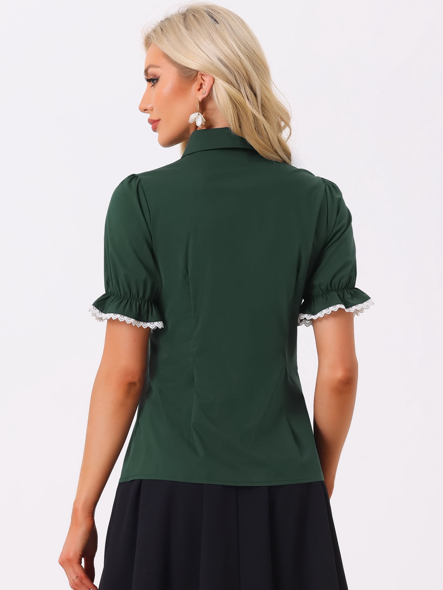 DARING DIVA Women's Peter Pan Collar Contrast Trim Puff Sleeve Shirt M Dark Green