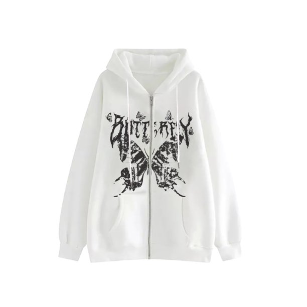 VISgogo - Sudadera informal para mujer, con estampado de letras y mariposas, de manga larga, con cremallera y capucha VISgogo moda