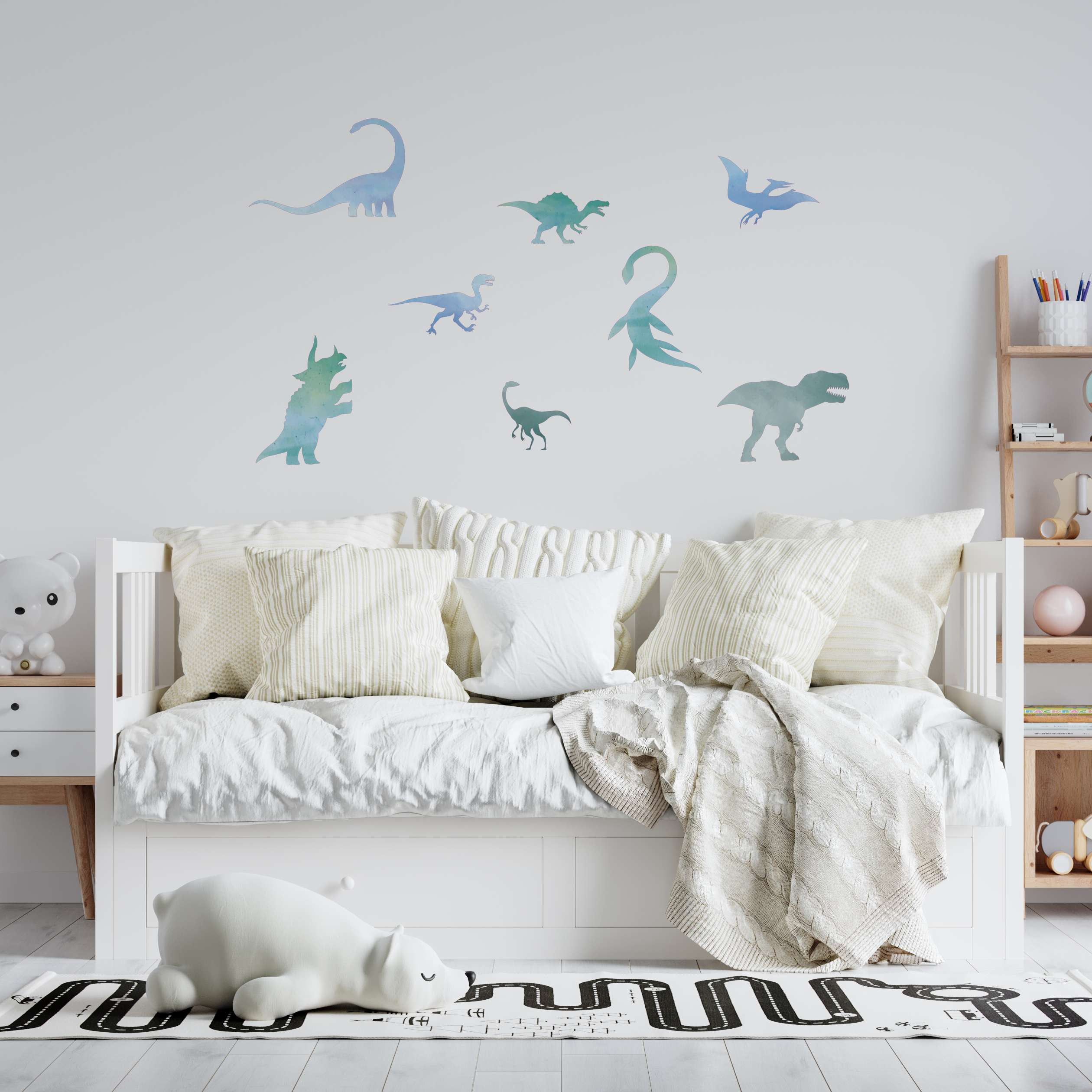 Dinosaur Collection Silhouette Artwork Vinyl Wall Decal - T-rex, Long Neck, Triceratops, Raptors and Pterodactyl Dinos from Jurassic Park for Kid's Room Wall Decoration 36" x 21"