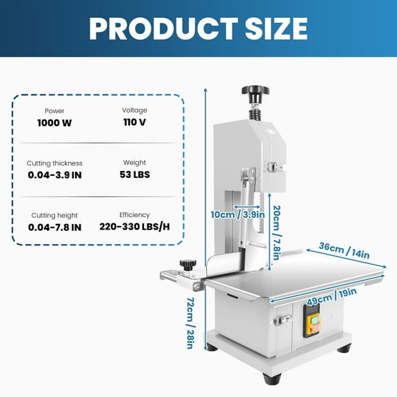 Electric Bone Saw Machine,1000W Stainless Steel Meat Bandsaw,Frozen Meat Cutter with 8 Blades,  Meat Cutting Machine for Kitchen, Dining Room, Cafeteria