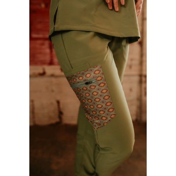 Women's scrub pants, Western, Drawstring, Workwear, Uniform, Scrub Sets, Spurrin' Scrubs-Olive Green Aztec Pants