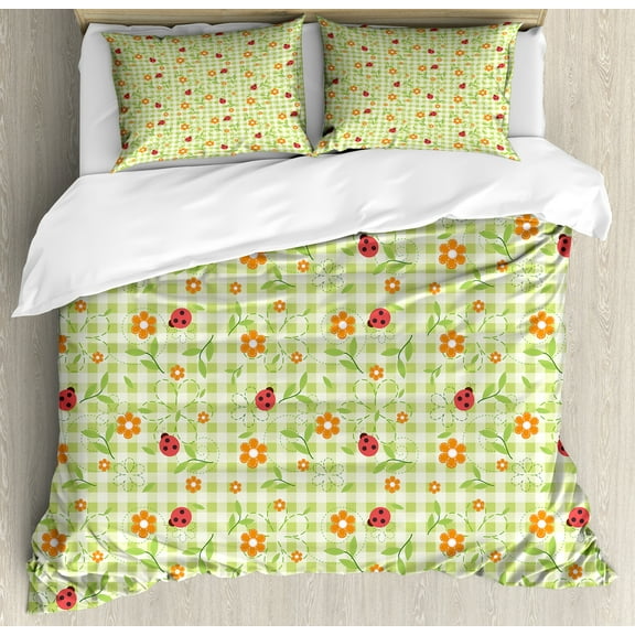 Floral Duvet Cover Set, Flowers Ladybugs Leaves on Summer Striped Background Motif, Decorative 3 Piece Bedding Set with 2 Pillow Shams, Calking Size, Lime Green Orange Red, by Ambesonne